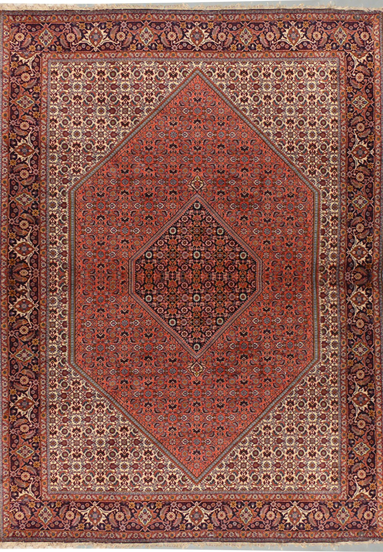 6'6" x 10'2" Persian Bijar rug with classic Mahi design, showcasing intricate floral patterns and a deep red field.