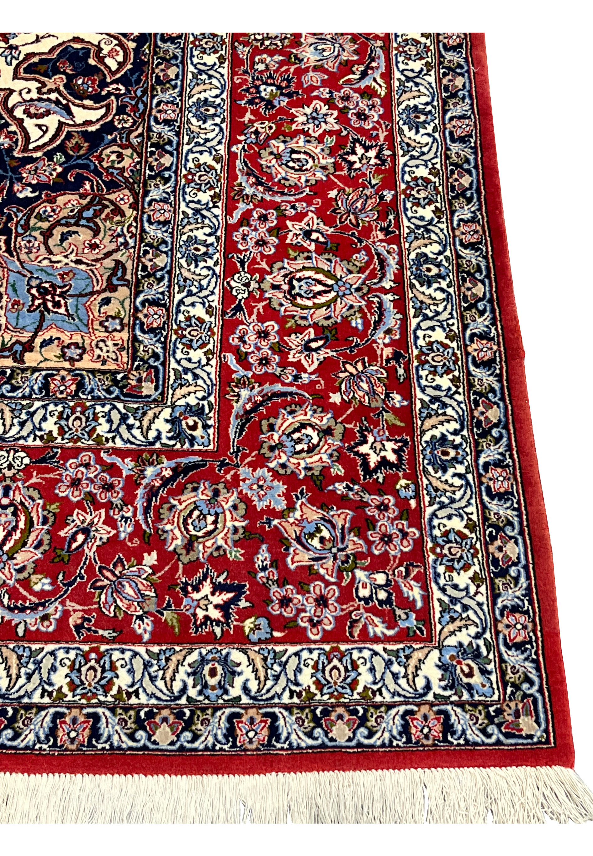 Border corner detail 8x12 premium Persian Isfahan wool silk rug crimson red field ivory blue floral scrollwork ivory fringe