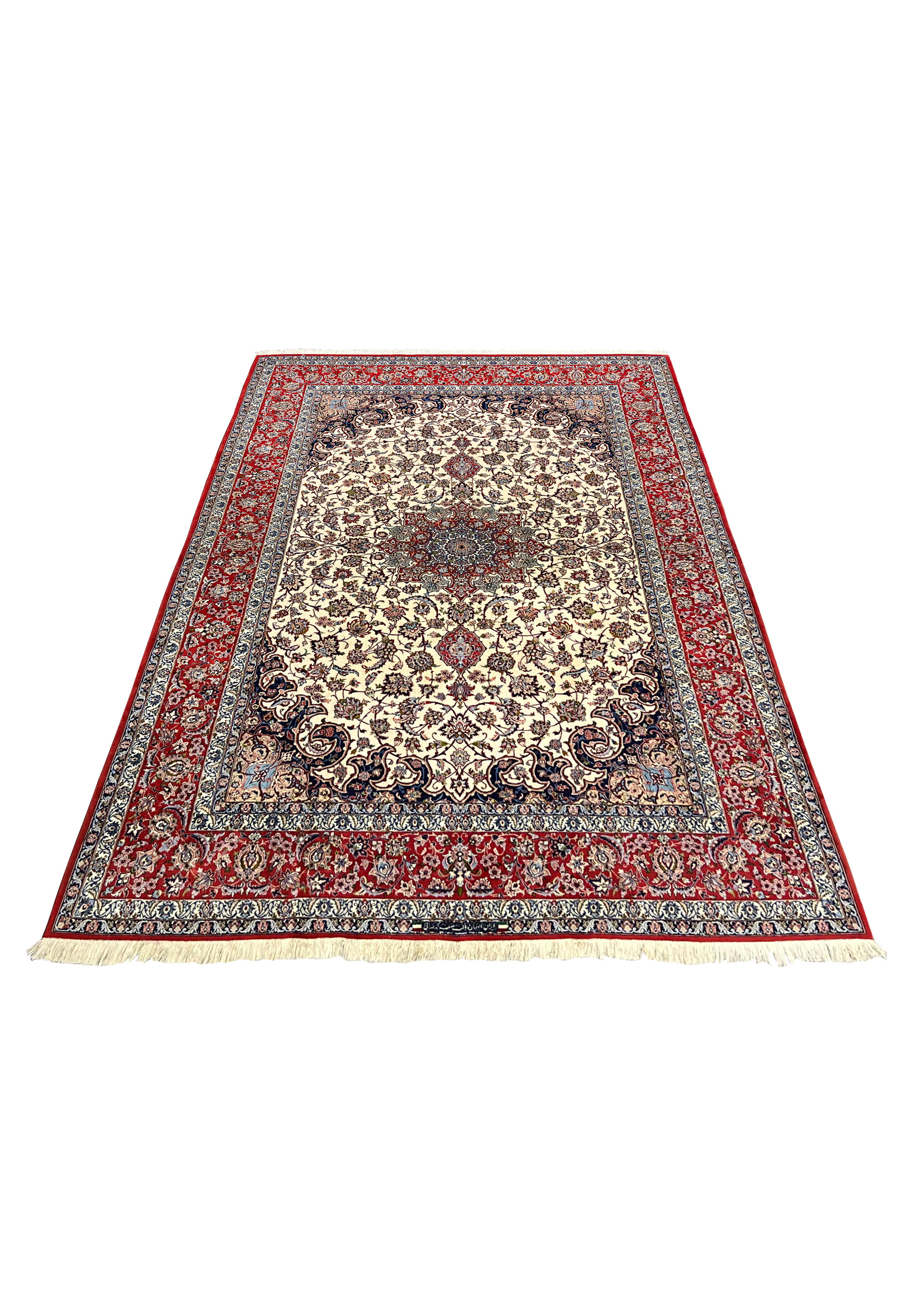 Laid down 8x12 premium Persian Isfahan wool silk rug ivory field crimson red border navy blue medallion handmade Persia