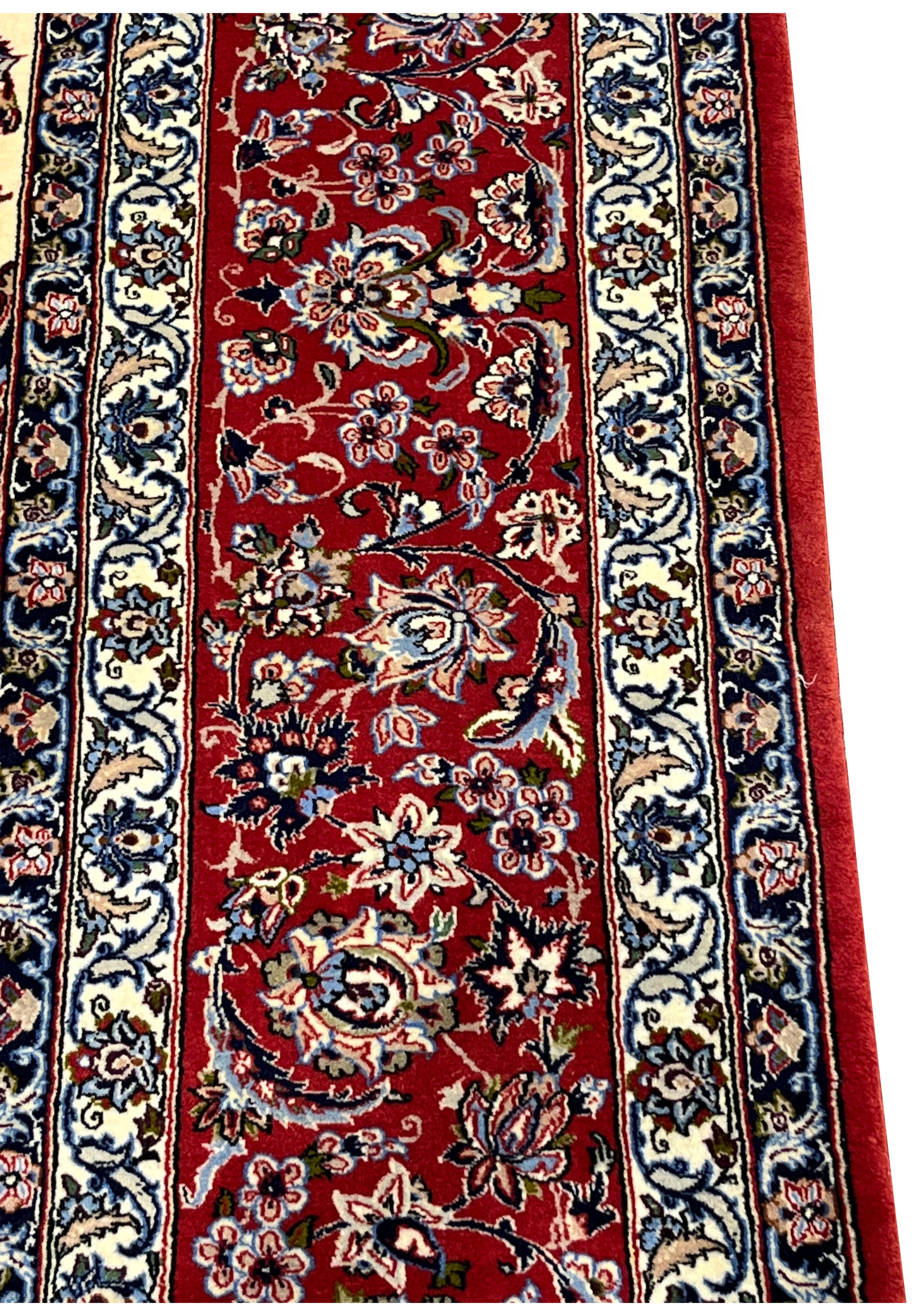 Border closeup 8x12 premium Persian Isfahan wool silk rug crimson red field ivory blue floral scrollwork arabesques.