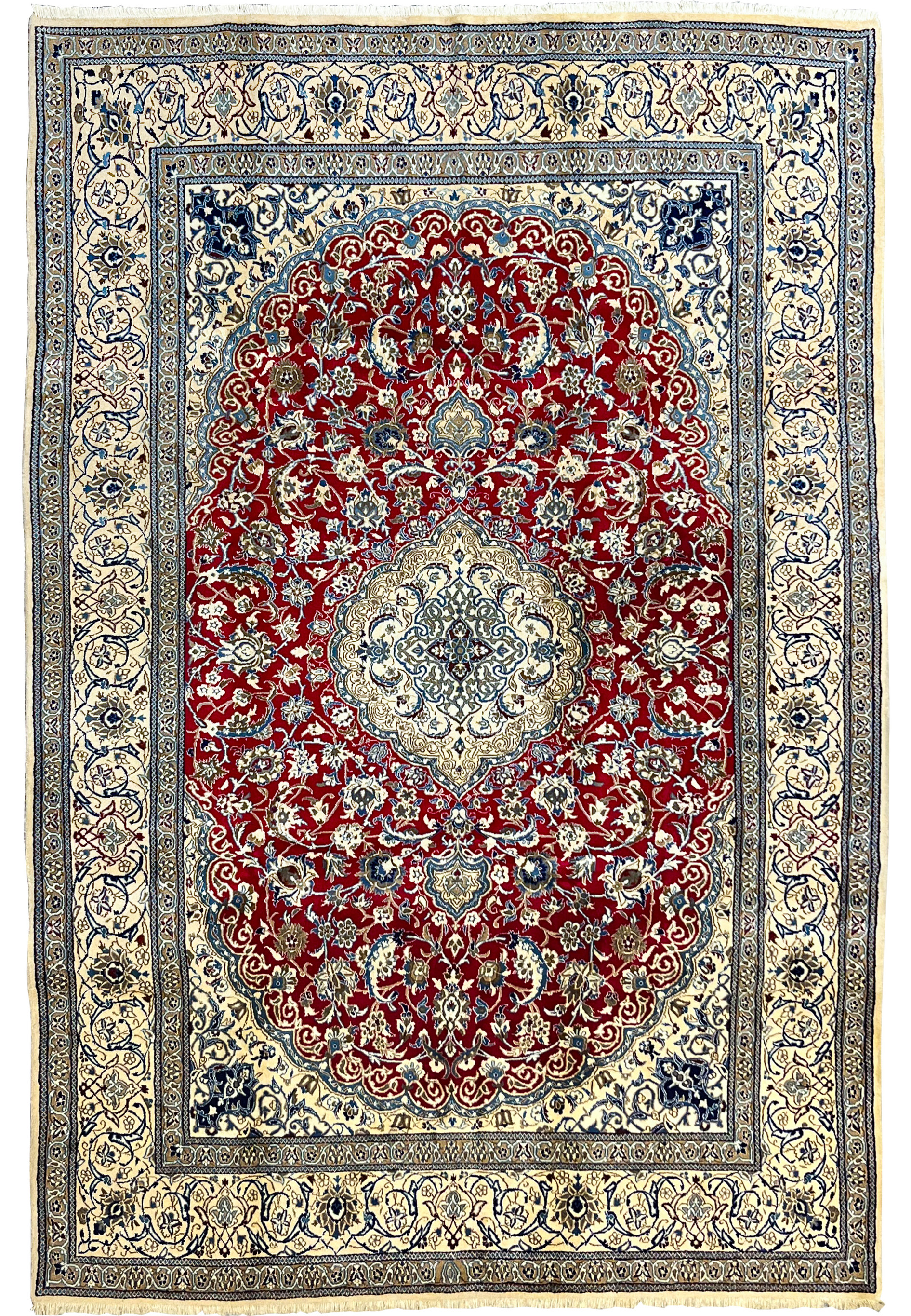Full view of red Persian Nain 9LA rug showing detailed medallion design, ivory borders, and fine wool and silk weave
