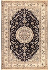 This stunning Persian Nain Rug, made from wool and silk, measures 8'1" x 11'8". The picture shows the entire rug, highlighting its intricate design and exquisite craftsmanship. Add elegance and sophistication to any room with this beautiful piece of art.