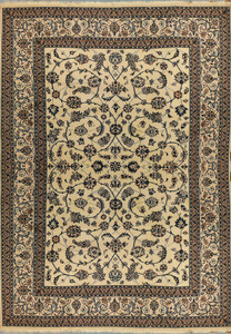 Full view of 8×11 Persian Nain rug with beige background and blue motif accents