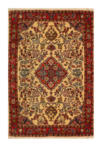 Full view of the 3'5 x 4'10 Persian Koliai rug with tribal designs