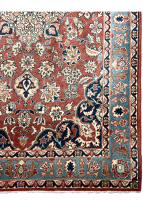 3x5 Antique Mashad Rug corner detail, highlighting the delicate floral motifs and precise borders against a deep red background