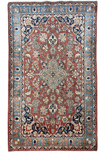 Full view of a 3x5 Antique Mashad Rug laid flat, displaying the overall pattern symmetry and vibrant color palette