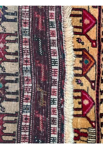 Texture and side stitching detail of a Persian Baluch Tribal rug, highlighting the craftsmanship and edge patterns