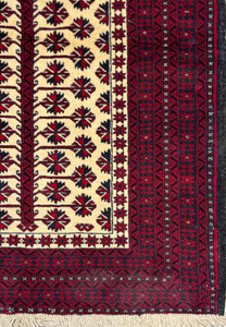 Close-up of the prayer rug's border patterns, showcasing the traditional Baluch tribal designs