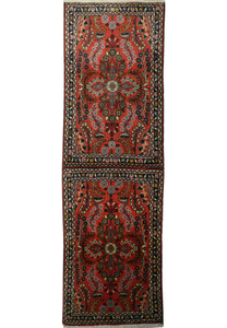 Full-length view of a Persian Darjazin runner rug with a deep red central field bordered by intricate guard borders.