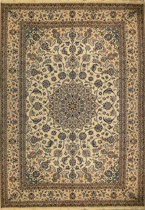 Full view of 8'2 x 11'5 Persian Nain rug with beige field and navy medallion