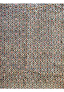 Close-up on the central field of the Persian Moud Rug, focusing on the dense floral pattern with red and blue motifs on a cream background
