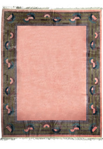 Full view of a large 9x12 modern silk rug with Art Deco patterns on a light background.