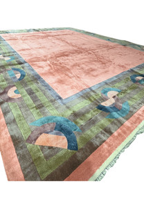 Another full view of the modern silk rug displaying its expansive size and Art Deco influence.