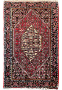 Full view of a handwoven 4x6 Persian Bijar rug showcasing intricate designs and a rich red field