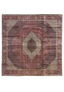 Full view of a grand 13 x 13 Persian Bijar square rug laid out to showcase its rare size and detailed geometric and floral designs in deep reds and blues