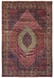 Overhead view of a 9'7" x 13'8" Persian Bijar Rug, displaying an intricate central medallion and a complex border with deep red and navy blue hues