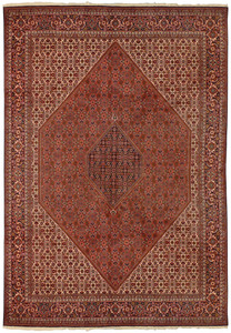 A full view of an 8'3" x 11'4" Persian Bijar Iron Rug, showcasing its expansive rust-red field, central diamond medallion, and intricate border details in navy blue, cream, and olive green.