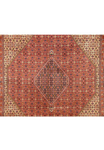 A close-up of the Bijar rug's surface, highlighting the complex patterns, vibrant colors, and the plush texture of the wool that speaks to its high quality and craftsmanship.