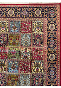 A close look at the intricate weaving and color detail of each panel on a 8 x 11 Persian Qum Kork rug, with floral and geometric designs