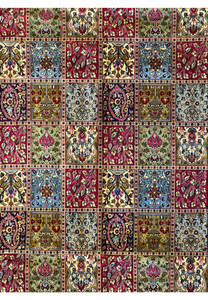 Close-up of the fine patterns and vibrant color mix in the panel design of a Persian Qum Kork rug, showcasing the craftsmanship and kork wool quality.