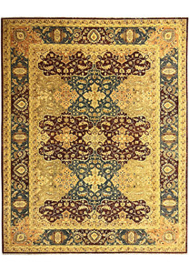 Full view of the 12' x 15' Agra rug, showcasing its overall design and layout. The combination of rich maroon, navy, and beige colors, along with the intricate patterns, creates a sophisticated and timeless look.