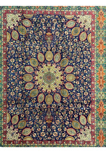 Full view of a 10'5 x 13 Persian Tabriz Rug, showcasing the complete design. The rug features a central medallion with complex floral patterns radiating outward, set against a deep navy blue background. The borders are richly decorated with intricate motifs in red, green, and gold, framed by a wider border of geometric and floral designs in complementary colors. The high knot density and quality wool ensure both durability and a luxurious feel.