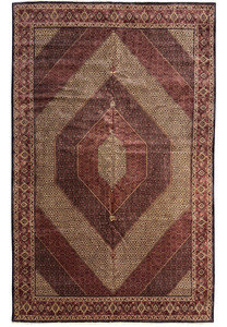 Top view of a 13x19'7 Persian Bijar Rug with intricate medallion and floral patterns in red, brown, gold, and yellow colors