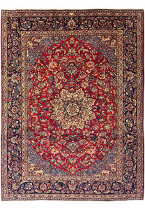 9'11 x 12'11 Persian Isfahan Rug with a vibrant red background and intricate navy blue floral patterns.