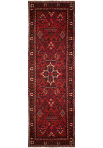 3'5" x 11' Persian Meymeh runner rug, showcasing its intricate central medallion and geometric patterns in rich red, blue, ivory, black, and green colors. The high-quality wool and fine craftsmanship are evident, making it a perfect addition to any hallway or narrow space.