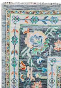 Detailed shot of border design on 12' x 15' Designer Gray Oushak Handmade Rug