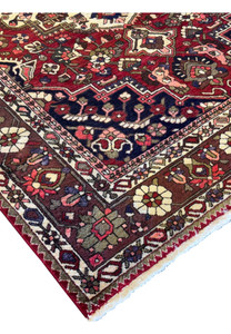 Detailed view of a section of the 6'6" x 10' Persian Bakhtiar rug highlighting floral and geometric motifs in rich colors