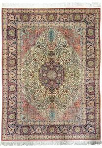 Full view of a 8x10 Persian Tabriz 100% silk rug with intricate floral and medallion design