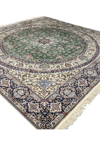 Full view showing the luxurious blend of wool and silk in the 9 x 9 Nain 6LA Persian Rug