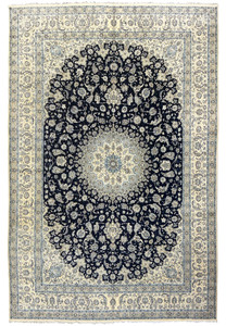 Handwoven 13 x 19'8 Persian Nain 9LA Rug with intricate floral patterns and blue and beige tones