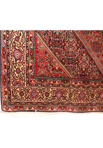 Detailed view of the intricate floral border on a 5 x 8'8 Persian Bijar Rug.