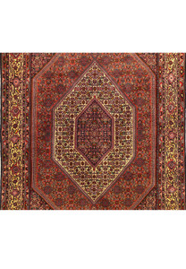 Close-up of the central medallion and intricate designs of a 5 x 8'8 Persian Bijar Rug.