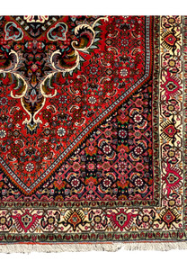 Edge detail of Bijar Rug highlighting dense weave and geometric border.