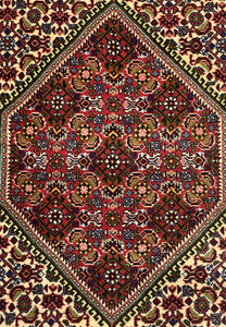 Detailed view of the border on a Persian Bijar rug, highlighting the intricate floral patterns and vibrant colors.