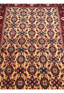 Central field of a 3'4 x 5'3 Persian Hamedan Rug, showcasing the detailed medallion and surrounding motifs.