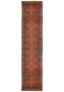 Full view of 3 x 13'3 Persian Senneh Runner showcasing intricate design and vibrant color