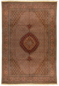 Full view of 6'6" x 9'9" Signed Tabriz Mahi Silk 50 Raj Rug showcasing intricate patterns and medallion design.