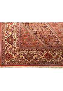 Detailed view of border on 6'6 x 10'2 Bijar Persian Rug with geometric patterns