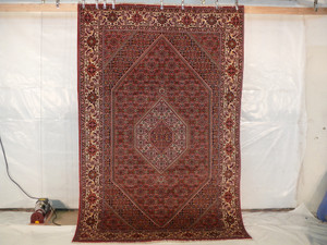 6'6 x 10'2 Bijar Persian Rug with intricate central medallion, hanging view