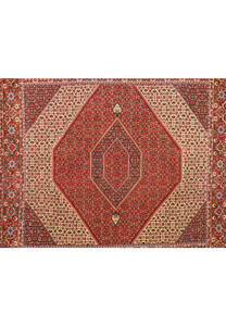 Midfield view of the 8'4 x 8'4 Persian Bijar Square Rug with prominent geometric patterns