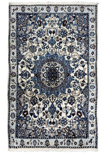 Full view of 3 x 4'9 Nain Persian Rug featuring intricate medallion and floral patterns.