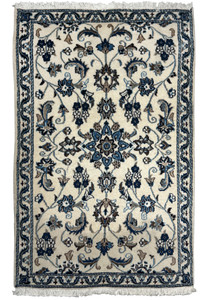 Full view of a 2'10" x 4'8" Persian Nain Rug with intricate floral and vine patterns in navy blue, sky blue, and beige.
