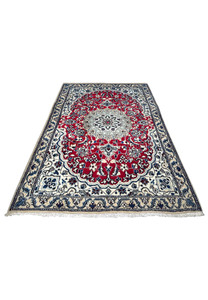 3 x 4.6 Red Nain Persian Rug laid flat showcasing its detailed red, white, and blue patterns