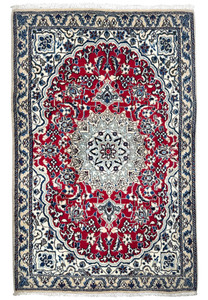 Full view of 3 x 4.6 Red Nain Persian Rug with intricate floral patterns and medallion design