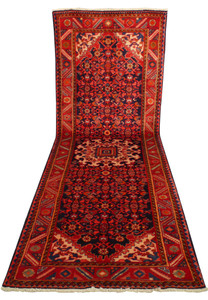 Perspective view of 3'6 x 10'6 Persian Hamedan Runner, illustrating depth and detailed pattern work.