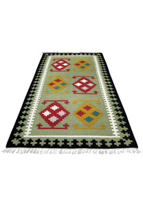 Handwoven 3 x 5'2 Persian Kilim Rug laid flat with geometric patterns